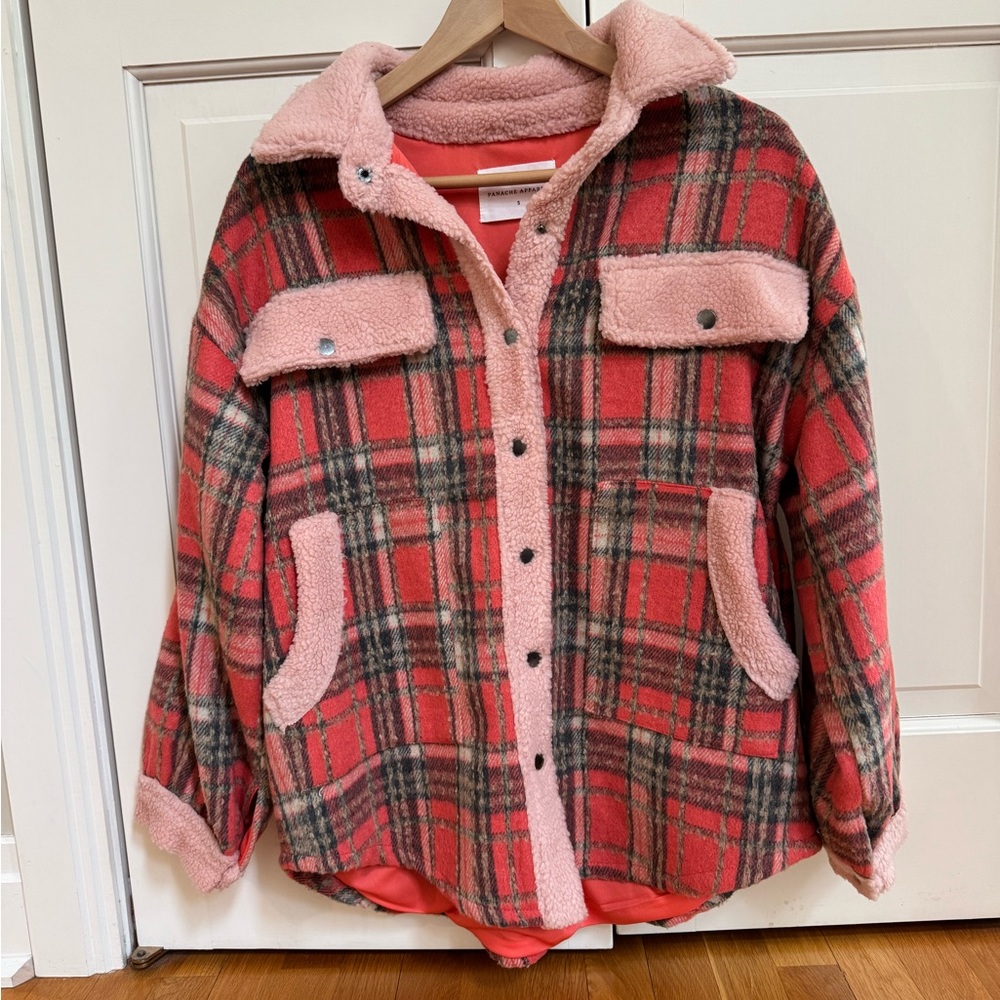 Plaid Sherpa Jacket with Pink Accents